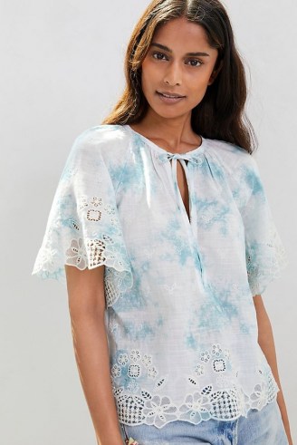 ANTHROPOLOGIE Olivia Embroidered Tie-Dye Blouse / scalloped wide sleeve blouses - flipped