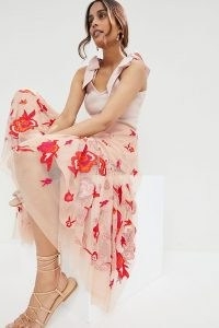 Maeve Embroidered Tulle Maxi Skirt in Pink ~ floral sheer overlay skirts