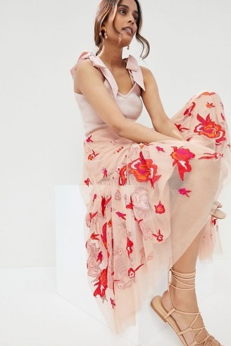 Maeve Embroidered Tulle Maxi Skirt in Pink ~ floral sheer overlay skirts - flipped