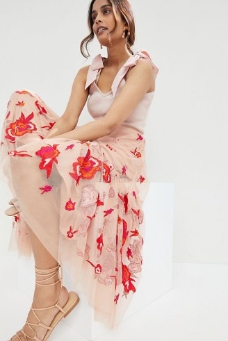 Maeve Embroidered Tulle Maxi Skirt in Pink ~ floral sheer overlay skirts