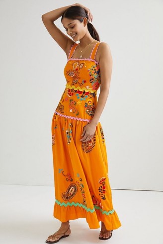 Maeve Sunset Embroidered Midi Dress Orange