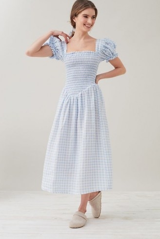 Sleeper Belle Gingham Midi Dress in Sky / blue check print smocked bodice dresses