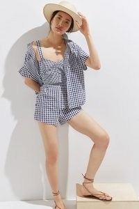 Maeve Gingham Three-Piece Short Set / navy checked summer fashion sets / check print shorts, crop top and shirt co ord