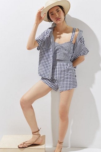 Maeve Gingham Three-Piece Short Set / navy checked summer fashion sets / check print shorts, crop top and shirt co ord - flipped