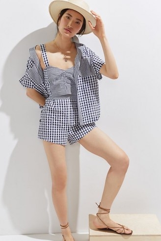Maeve Gingham Three-Piece Short Set / navy checked summer fashion sets / check print shorts, crop top and shirt co ord