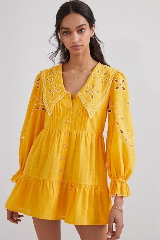 Rahi Marigold Eyelet Mini Dress in Mango / bright floral summer dresses / oversized collar - flipped