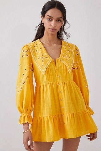 Rahi Marigold Eyelet Mini Dress in Mango / bright floral summer dresses / oversized collar