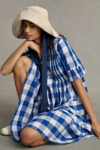 WHIT TWO Gingham Tiered Midi Dress / blue cotton check print dresses