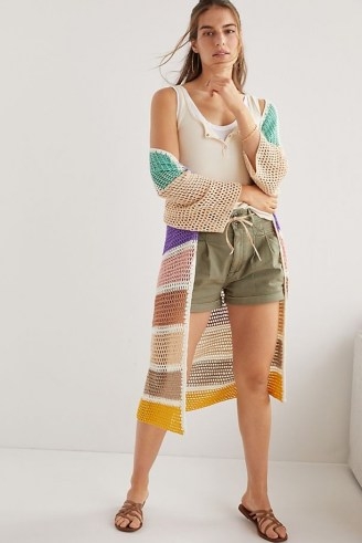 Anthropologie Eliza Colour-Block Crochet Cardigan | longline multicoloured open front gardigans - flipped