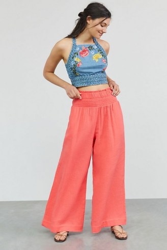 Maeve Smocked Wide-Leg Trousers – pink cotton summer pants - flipped