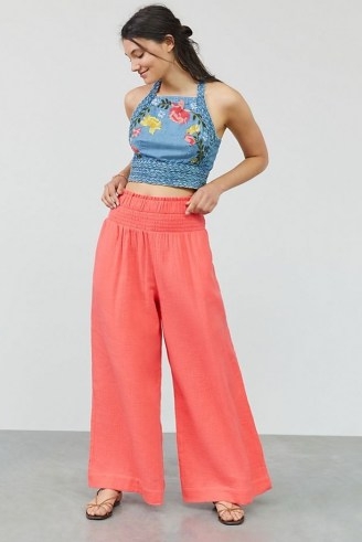 Maeve Smocked Wide-Leg Trousers – pink cotton summer pants