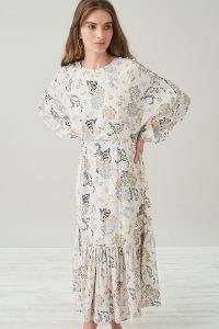 Lily & Lionel Isobelle Midi Dress Neutral Motif – floral long sleeve ruffle hem dresses
