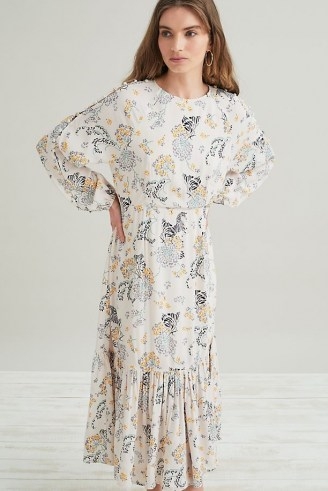Lily & Lionel Isobelle Midi Dress Neutral Motif – floral long sleeve ruffle hem dresses - flipped