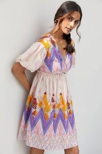 Not So Serious Abstract Embroidered Mini Dress – multicoloured puff sleeve summer dresses