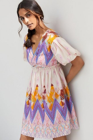 Not So Serious Abstract Embroidered Mini Dress – multicoloured puff sleeve summer dresses - flipped