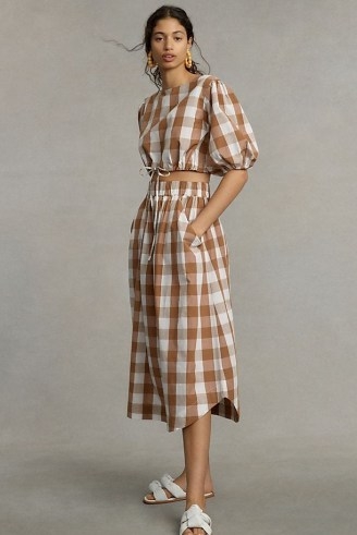 WHIT TWO Puff-Sleeved Gingham Skirt Set Brown Motif – summer fashion sets - flipped
