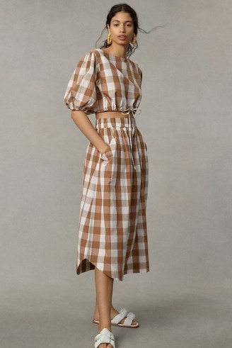 WHIT TWO Puff-Sleeved Gingham Skirt Set Brown Motif – summer fashion sets