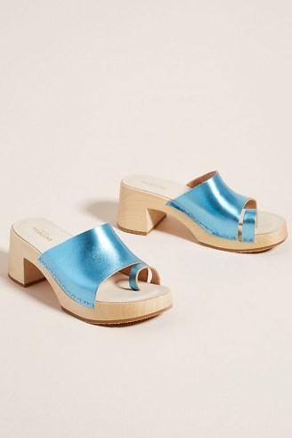 Swedish Hasbeens Metallic Clogs Turquoise – shiny blue vintage style summer shoes - flipped