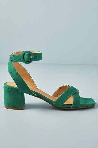 Anthropologie Karine Suede Block Sandals – green ankle strap summer sandal - flipped