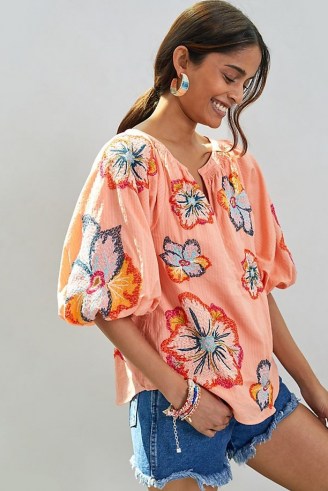 Maeve Embroidered Peasant Blouse Coral / floral summer blouses - flipped