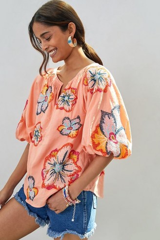 Maeve Embroidered Peasant Blouse Coral / floral summer blouses
