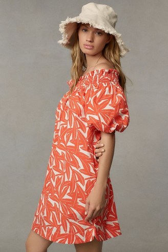 WHIT TWO Banana Leaf Off-The-Shoulder Tunic Dress Red Motif / bardot tropical print summer dresses - flipped