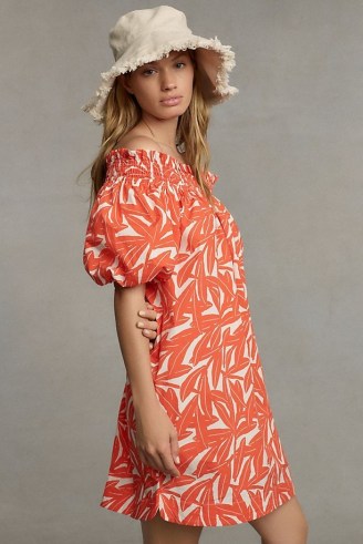WHIT TWO Banana Leaf Off-The-Shoulder Tunic Dress Red Motif / bardot tropical print summer dresses