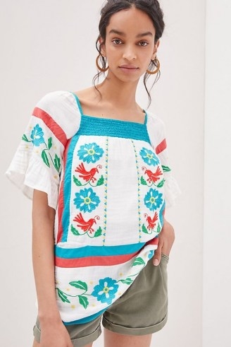 Seen Worn Kept Embroidered Tunic Blouse | floral square neck cotton summer blouse - flipped