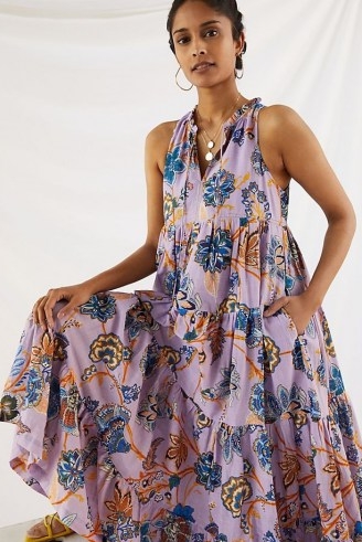 Anthropologie Diaz Tiered Abstract Maxi Dress | billowy sleeveless summer dresses