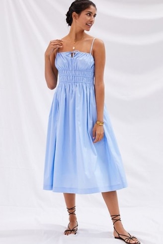 Sunday in Brooklyn Smocked Midi Dress | light blue skinny strap gathered bodice sundress