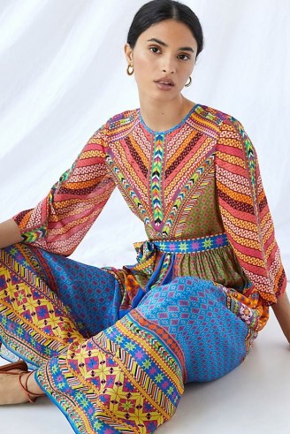Tanvi Kedia Abstract Puff-Sleeved Maxi Dress ~ vibrant mixed print tie waist summer dresses - flipped