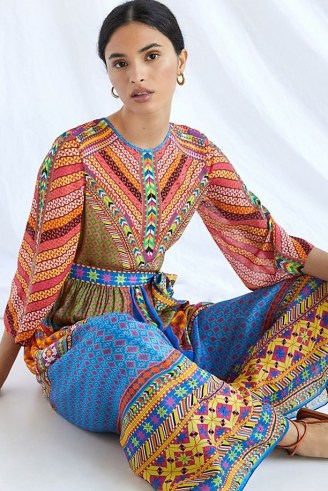 Tanvi Kedia Abstract Puff-Sleeved Maxi Dress ~ vibrant mixed print tie waist summer dresses