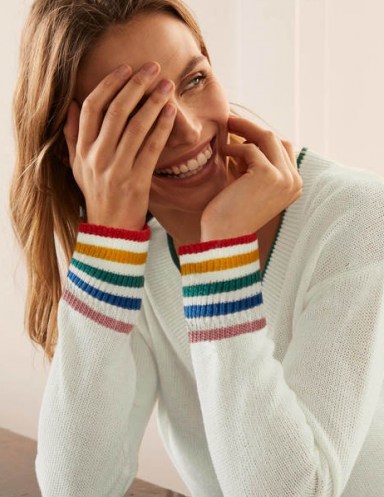 Boden Bamburgh Relaxed Jumper | ivory V-neck jumpers with contrast-colour detail on the neck and cuffs - flipped
