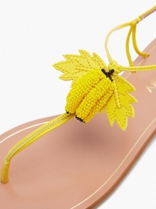 AQUAZZURA Bananita beaded leather sandals / yellow banana embellished skinny strap flats / fruit on summer footwear