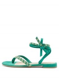 GIANVITO ROSSI Beaded green suede sandals / embellished ankle tie flats