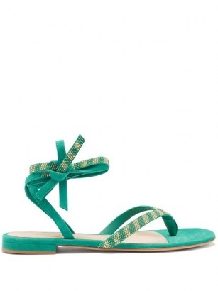 GIANVITO ROSSI Beaded green suede sandals / embellished ankle tie flats - flipped