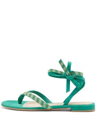 GIANVITO ROSSI Beaded green suede sandals / embellished ankle tie flats