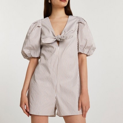 River Island Beige stripe bow playsuit | puff sleeve playsuits - flipped