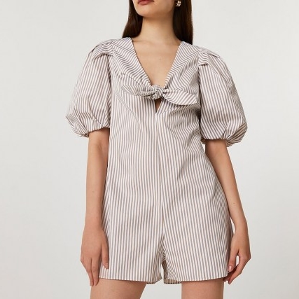 River Island Beige stripe bow playsuit | puff sleeve playsuits