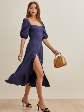Reformation Belgium Linen Dress | blue dresses with thigh high slit and puff sleeves - flipped