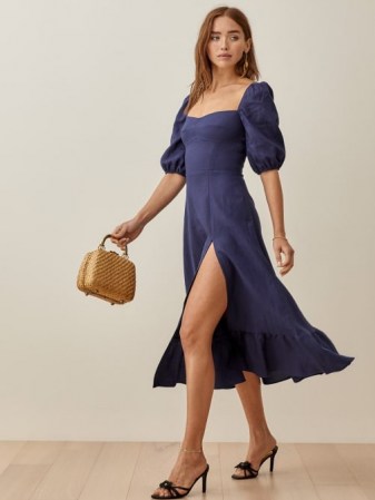 Reformation Belgium Linen Dress | blue dresses with thigh high slit and puff sleeves