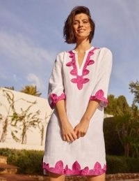 Boden Bella Embroidered Linen Dress / white and pink kaftan style dresses