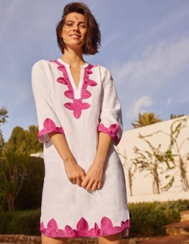 Boden Bella Embroidered Linen Dress / white and pink kaftan style dresses - flipped