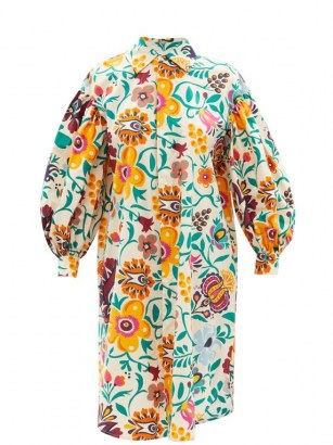 LA DOUBLEJ Big floral-print cotton-poplin shirt dress | oversized curved hem balloon sleeve dresses - flipped
