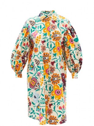 LA DOUBLEJ Big floral-print cotton-poplin shirt dress | oversized curved hem balloon sleeve dresses