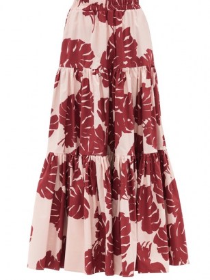 LA DOUBLEJ Big tiered Monstera-print cotton-poplin skirt | pink and red leaf print summer maxi skirts - flipped