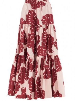 LA DOUBLEJ Big tiered Monstera-print cotton-poplin skirt | pink and red leaf print summer maxi skirts