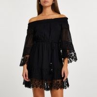 RIVER ISLAND Black bardot lace dress ~ semi sheer off the shoulder dresses
