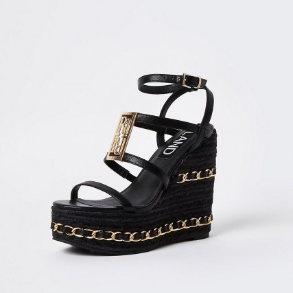RIVER ISLAND Black chain detail wedges / chunky multi strap wedge heels / logo branded wedged sandals - flipped