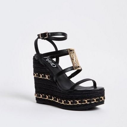 RIVER ISLAND Black chain detail wedges / chunky multi strap wedge heels / logo branded wedged sandals